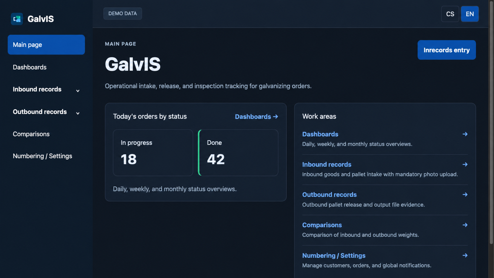 Úvodní obrazovka GalvIS · ukázka s demo daty