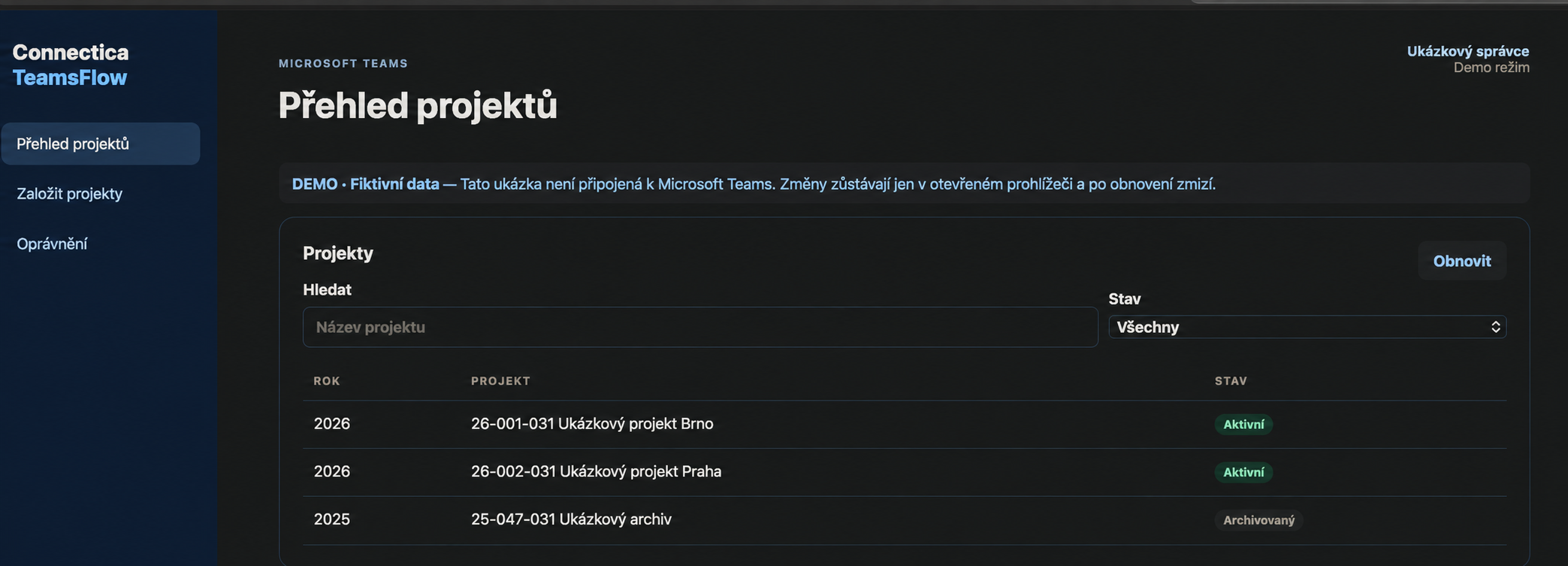 Demo rozhraní TeamsFlow: přehled tří ukázkových projektů, filtr podle názvu a stavu a nabídka správy oprávnění.