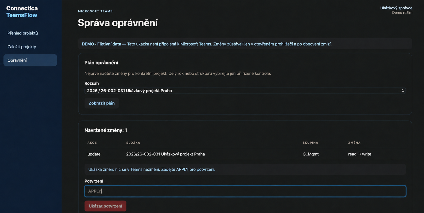 Ukázka správy oprávnění TeamsFlow: plán změny přístupu ke složce z čtení na zápis a potvrzení před provedením.