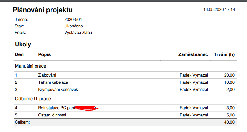 Projektový modul s reporty